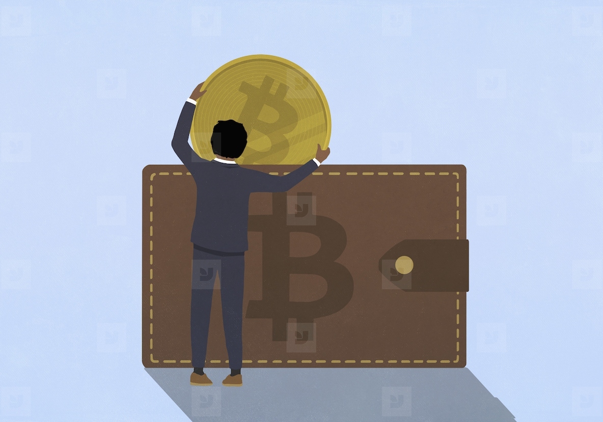 Businessman placing large Bitcoin in wallet