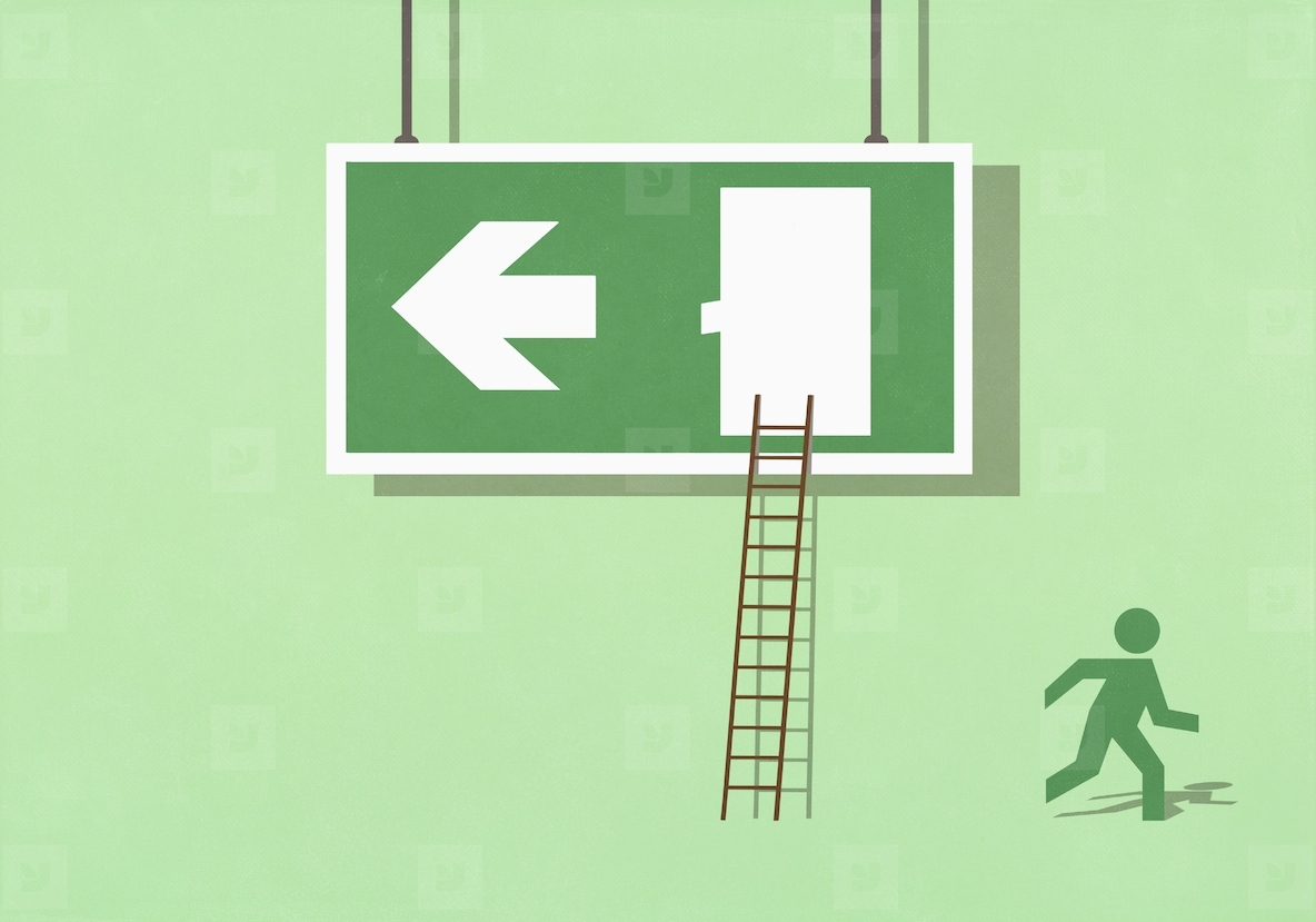 Green figure escaping from exit sign running away