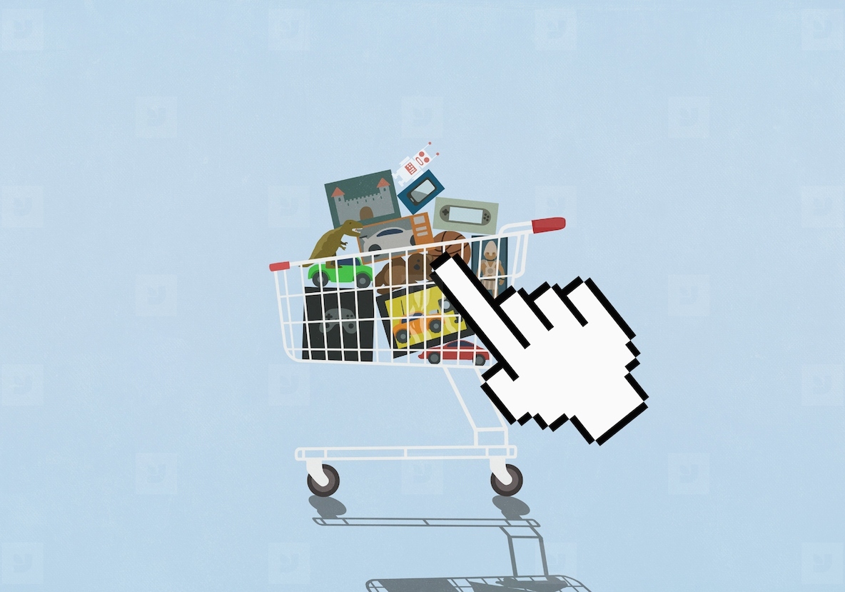 Pointing hand cursor hovering over shopping cart full of toys