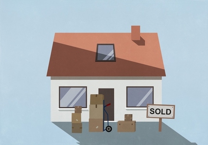 Sold sign and moving boxes in front of house