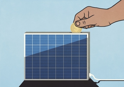 Hand depositing American dollar coin into solar panel