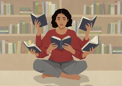 Woman with many arms reading five books at once on floor