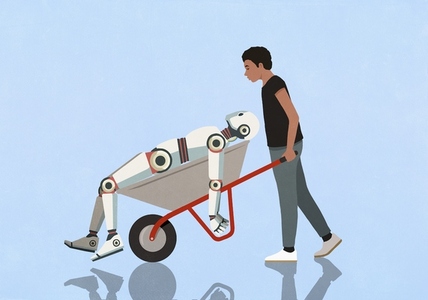Man pushing broken humanoid robot in wheelbarrow