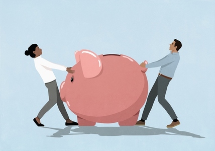Couple fighting over piggy bank