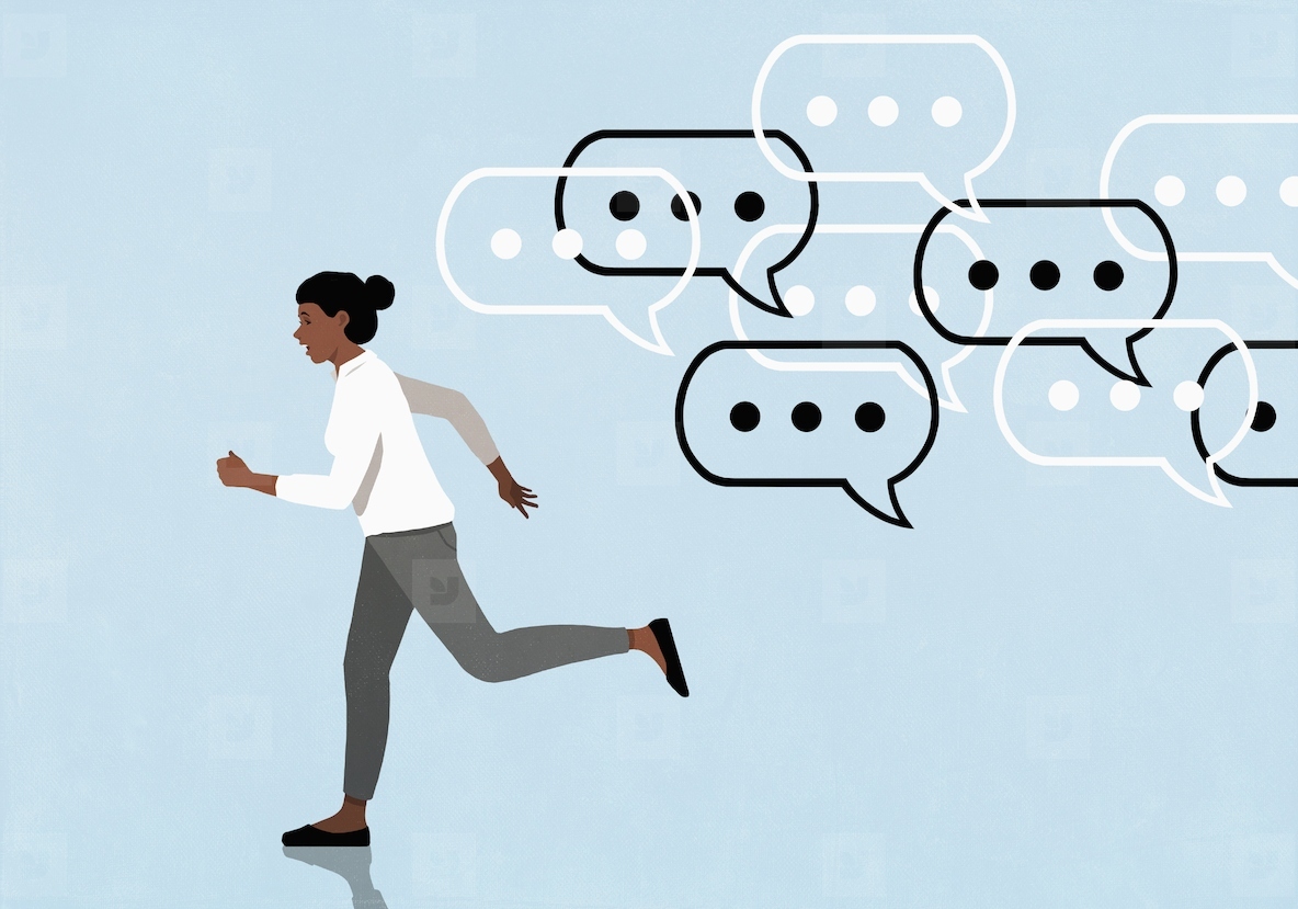 Dot dot dot symbols in speech bubbles chasing running woman