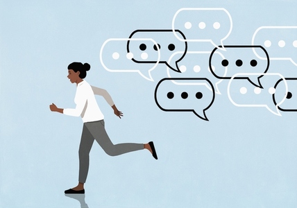 Dot dot dot symbols in speech bubbles chasing running woman