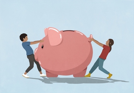 Boy and girl pulling piggy bank in opposite directions
