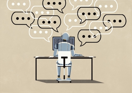 Dot dot dot symbols inside speech bubbles above humanoid chatbot robot Dot dot dot symbols inside speech bubbles above humanoid chatbot robot