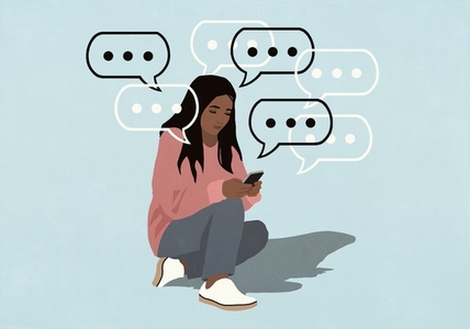 Dot dot dot symbols inside speech bubbles surround young woman texting Dot dot dot symbols inside speech bubbles surround young woman texting