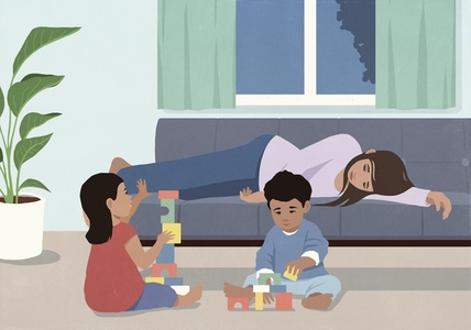 Tired babysitter sleeping on living room sofa next to children playing Tired babysitter sleeping on living room sofa next to children playing