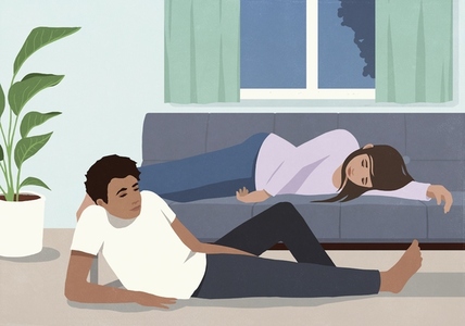 Tired couple sleeping and relaxing at living room sofa Tired couple sleeping and relaxing at living room sofa