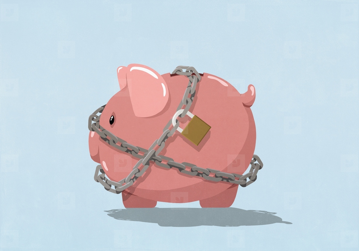 Chain and padlock wrapped around large pink piggy bank