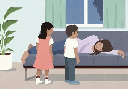 Kids looking at tired babysitter sleeping on living room Kids looking at tired babysitter sleeping on living room