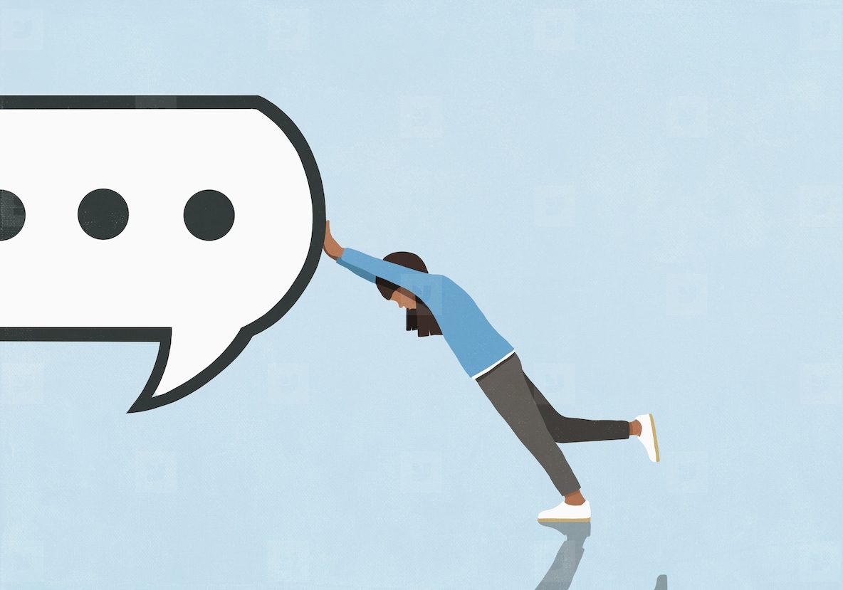 Woman resisting pushing dot dot dot symbol inside large speech symbol