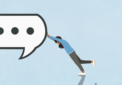 Woman resisting pushing dot dot dot symbol inside large speech symbol Woman resisting pushing dot dot dot symbol inside large speech symbol