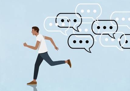 Dot dot dot symbols inside speech bubbles chasing running man Dot dot dot symbols inside speech bubbles chasing running man