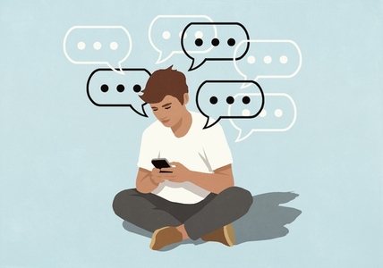 Dot dot dot symbols in speech bubbles around man using smart phone Dot dot dot symbols in speech bubbles around man using smart phone