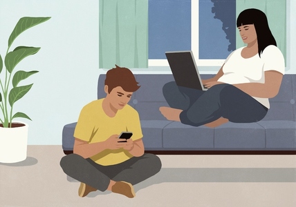 Couple working at laptop and using smart phone Couple working at laptop and using smart phone