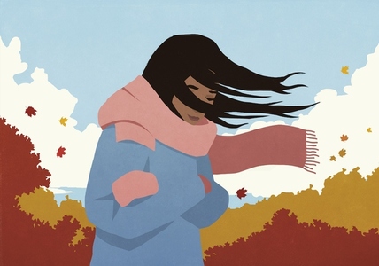 Wind blowing long black hair and scarf of woman walking Wind blowing long black hair and scarf of woman walking