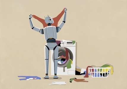 Humanoid robot folding laundry at dryer in messy laundry room Humanoid robot folding laundry at dryer in messy laundry room