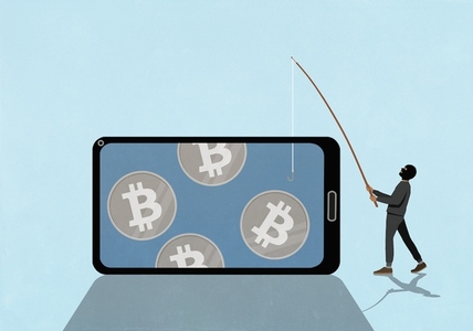 Burglar with fishing rod fishing for Bitcoins on smart phone screen Burglar with fishing rod fishing for Bitcoins on smart phone screen