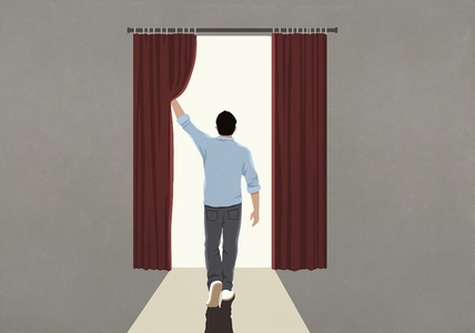 Man opening curtain to reveal bright Man opening curtain to reveal bright