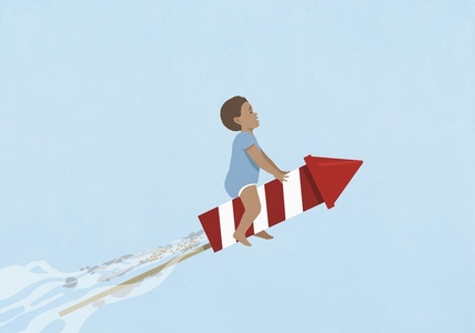 Baby boy riding ascending rocket Baby boy riding ascending rocket