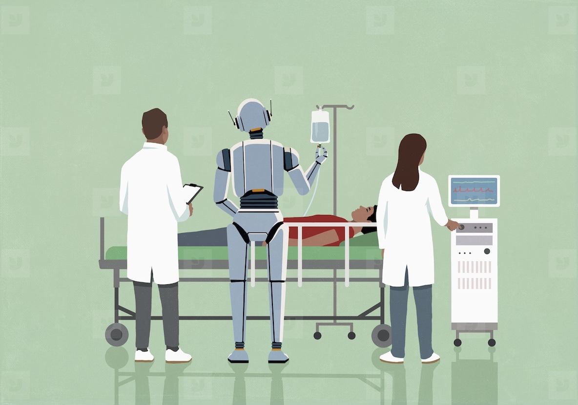 Humanoid robot and doctors monitoring patient