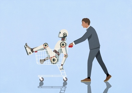 Businessman pushing humanoid robot in shopping cart Businessman pushing humanoid robot in shopping cart