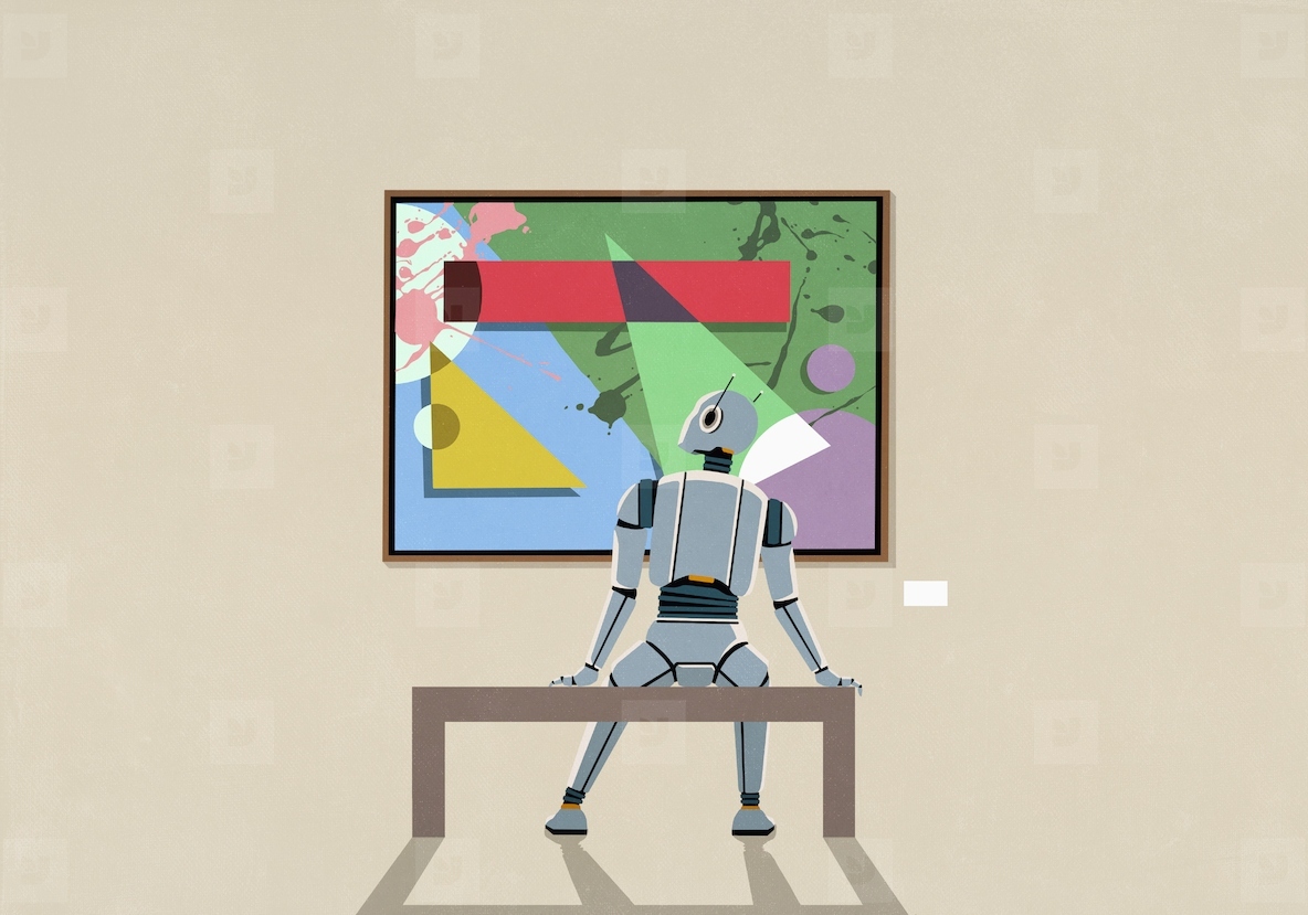 Humanoid robot analyzing art hanging on museum wall