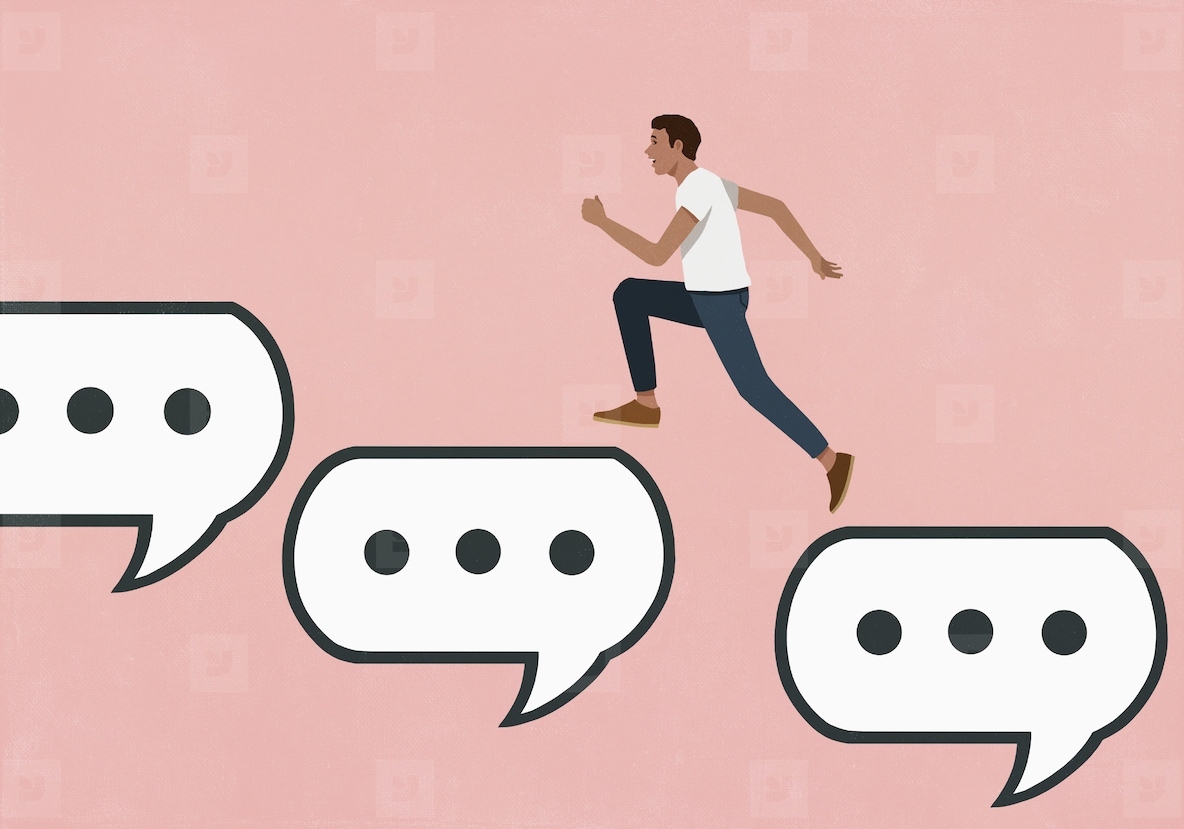 Man running up text message speech bubbles