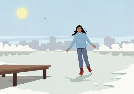 Carefree woman ice skating on sunny frozen city park pond Carefree woman ice skating on sunny frozen city park pond