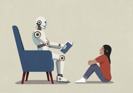 Humanoid robot reading book to girl Humanoid robot reading book to girl