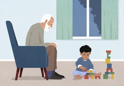 Senior grandfather watching toddler grandson playing Senior grandfather watching toddler grandson playing