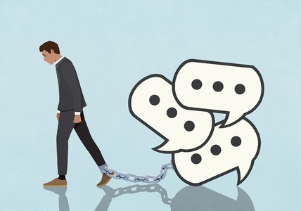 Text message speech bubbles shackled to mans ankle against Text message speech bubbles shackled to mans ankle against