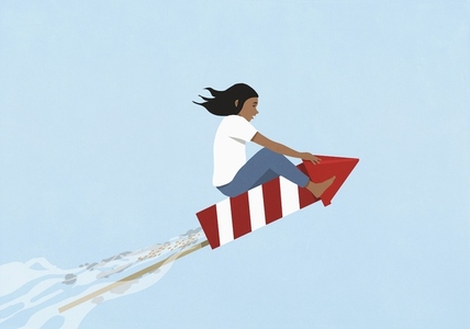 Girl riding flying rocket ascending Girl riding flying rocket ascending