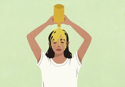 Woman with eyes closed pouring yellow liquid overhead Woman with eyes closed pouring yellow liquid overhead