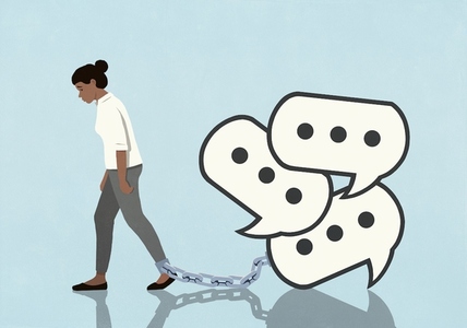 Text message speech bubbles shackled to womans ankle Text message speech bubbles shackled to womans ankle