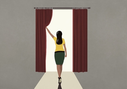 Woman opening red curtain to bright white void Woman opening red curtain to bright white void