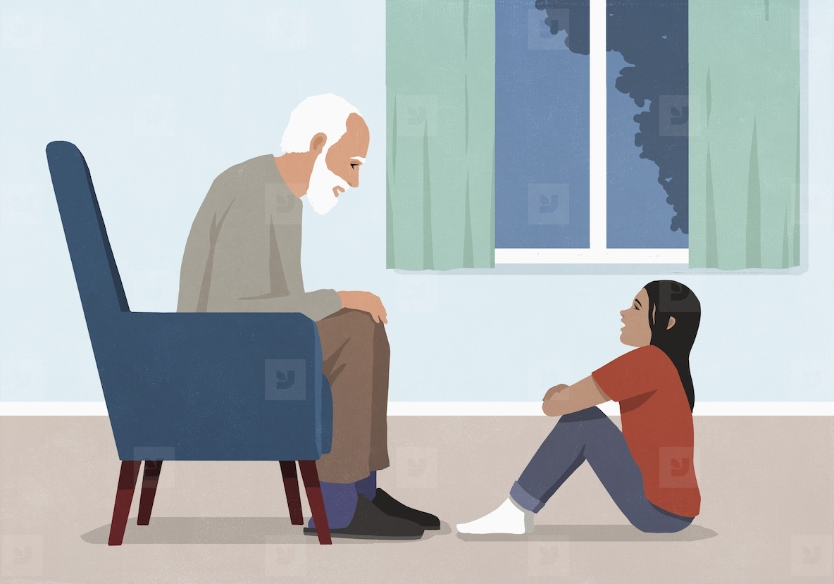 Grandfather with white beard talking face to face with granddaughter