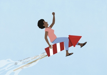 Exhilarated woman riding ascending rocket Exhilarated woman riding ascending rocket