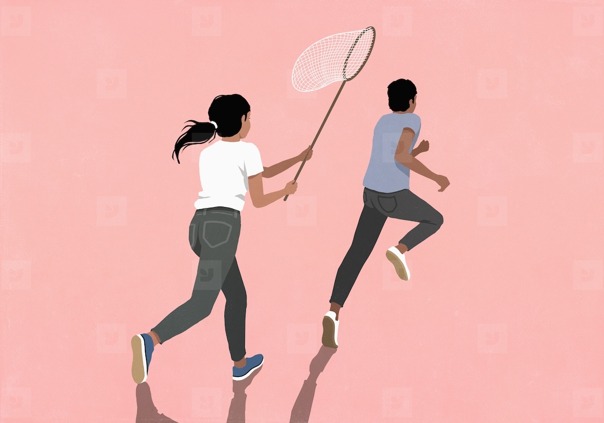 Woman with butterfly net chasing running man