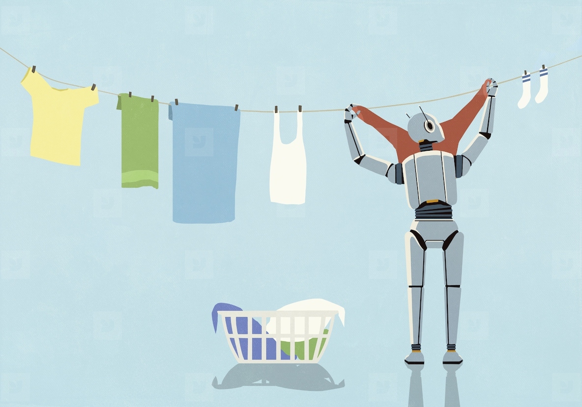 Humanoid robot hanging laundry on clothesline
