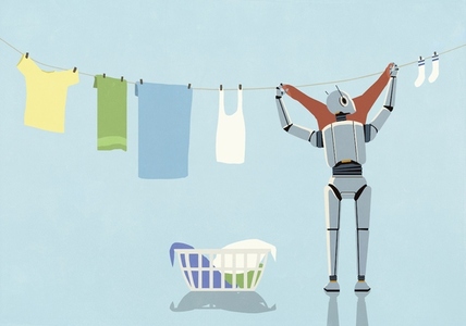 Humanoid robot hanging laundry on clothesline