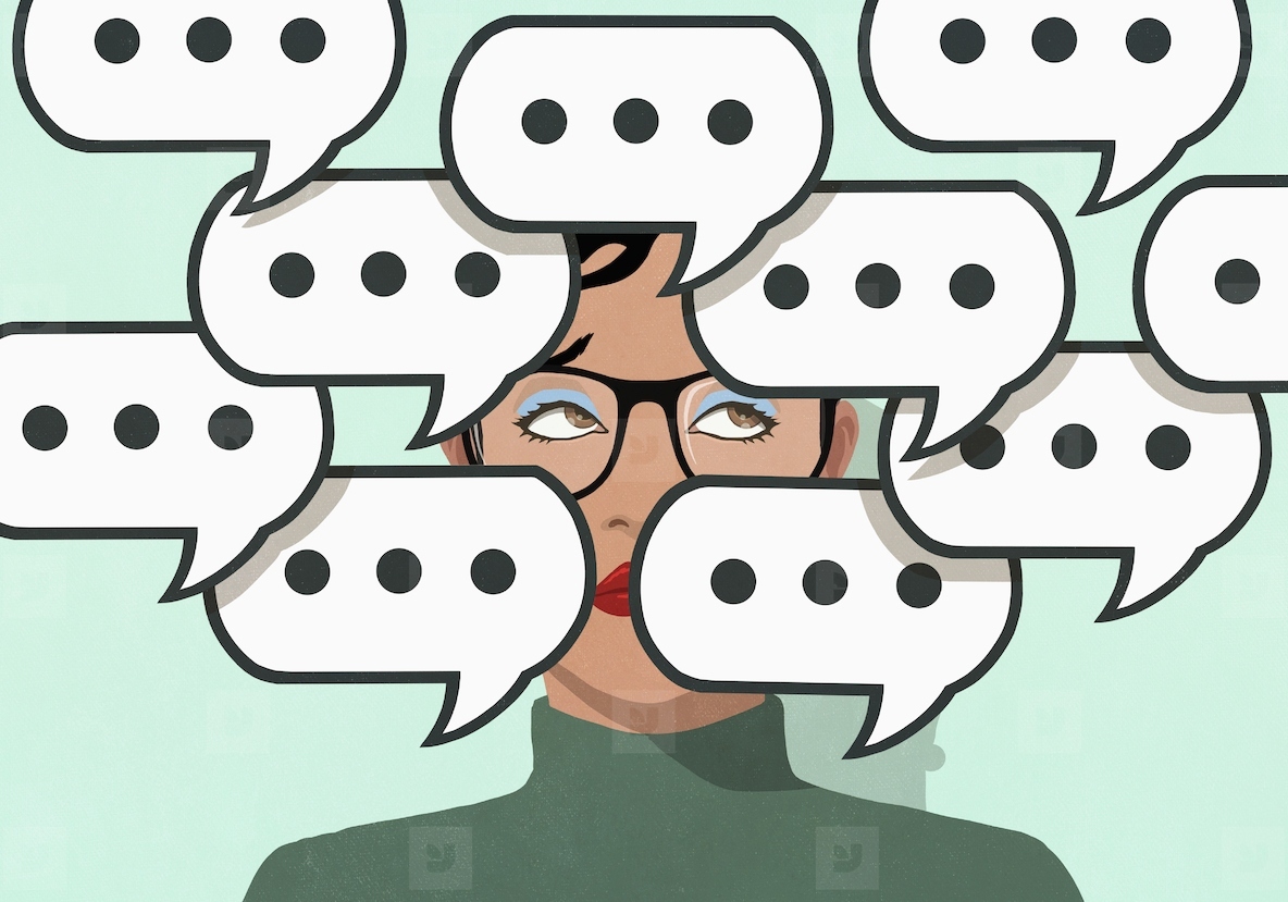 Text message chat speech bubbles covering the face of woman
