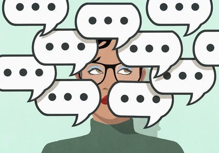 Text message chat speech bubbles covering the face of woman Text message chat speech bubbles covering the face of woman