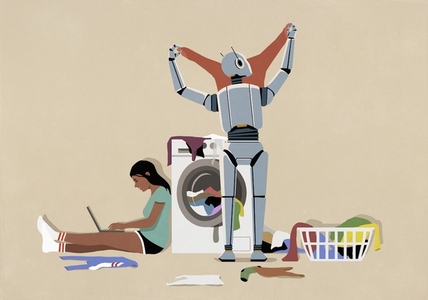 Humanoid robot folding laundry at dryer while teenage girl Humanoid robot folding laundry at dryer while teenage girl