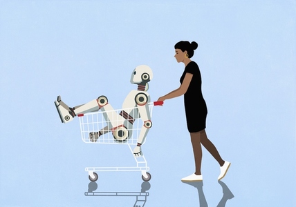 Woman pushing humanoid robot in shopping cart Woman pushing humanoid robot in shopping cart