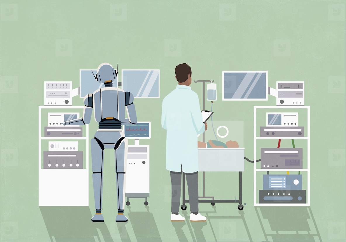 Humanoid robot working alongside neonatal intensive care unit doctor
