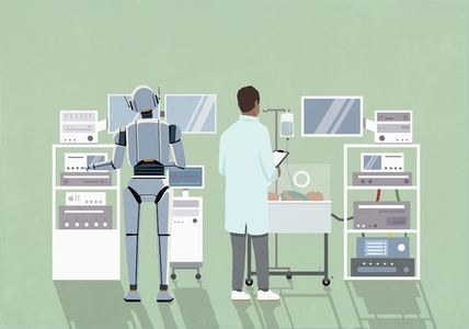 Humanoid robot working alongside neonatal intensive care unit doctor Humanoid robot working alongside neonatal intensive care unit doctor
